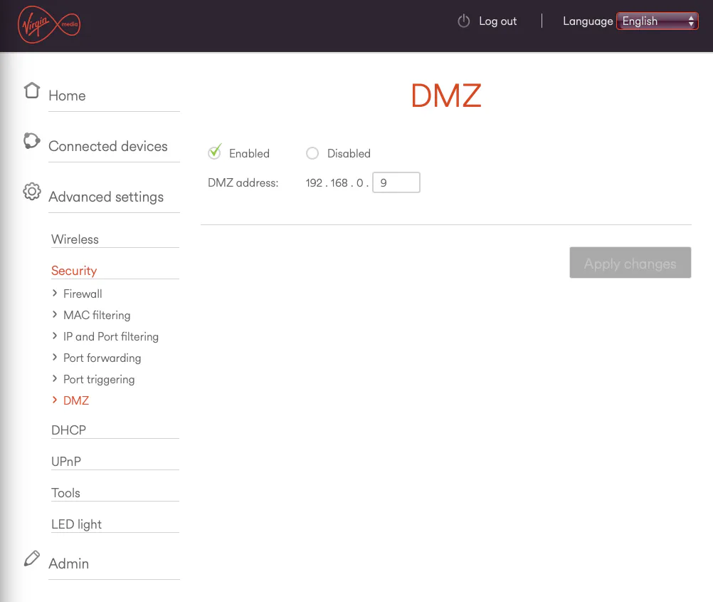Hub 5x admin page under Advanced settings, Security, DMZ, with DMZ enabled and the address set to 192.168.0.9