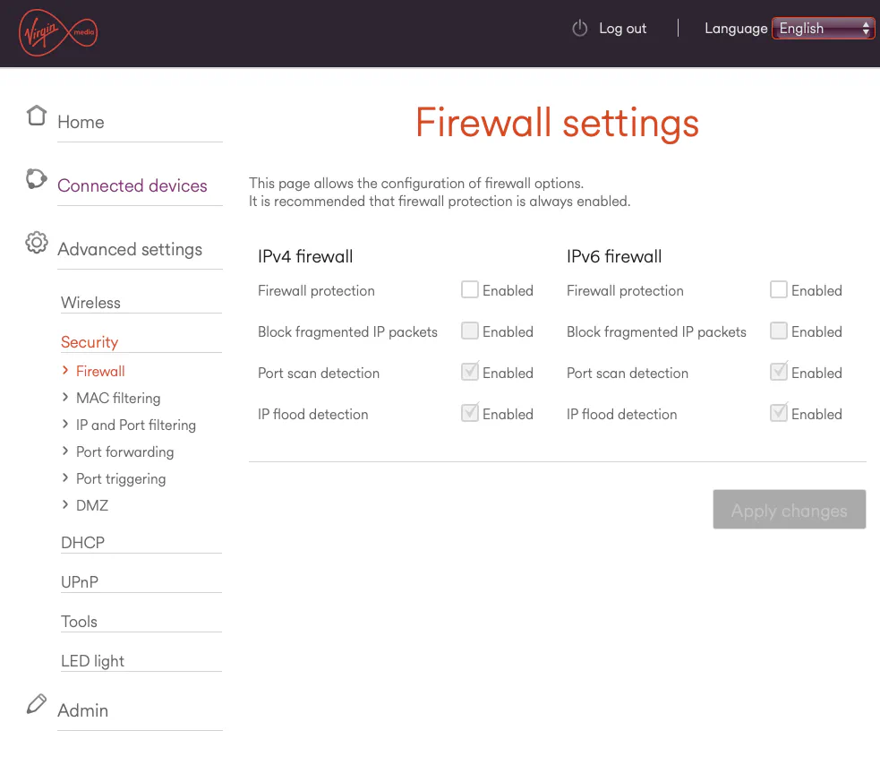 Hub 5x Firewall settings page with IPv4 and IPv6 firewall protection both unchecked