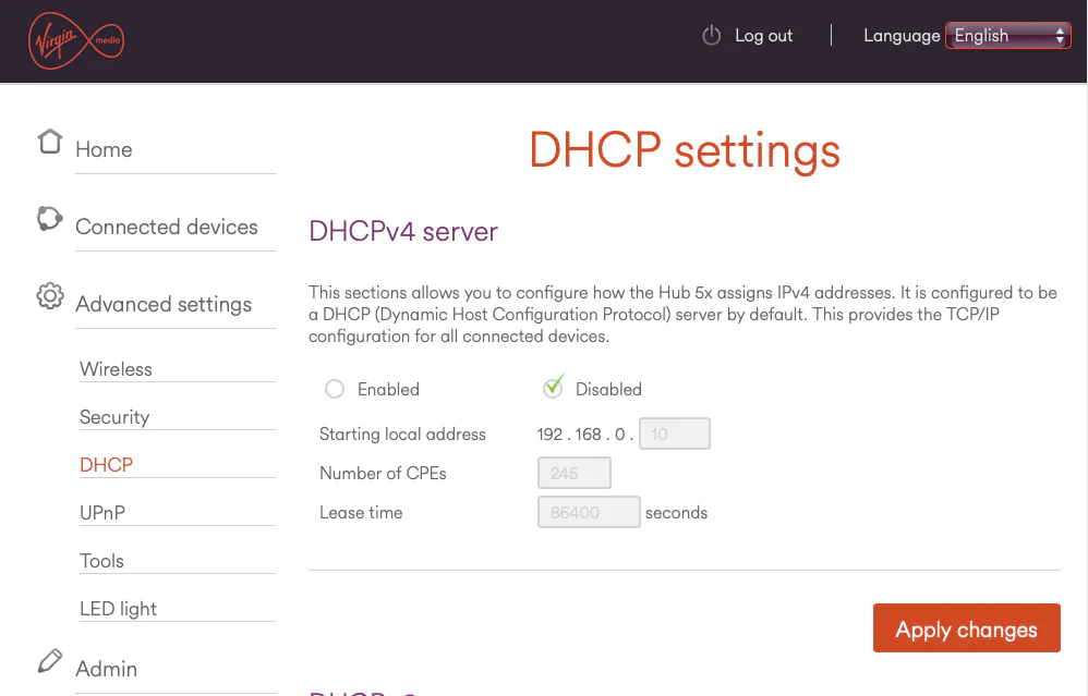 Hub 5x DHCP settings page with the DHCPv4 server set to Disabled