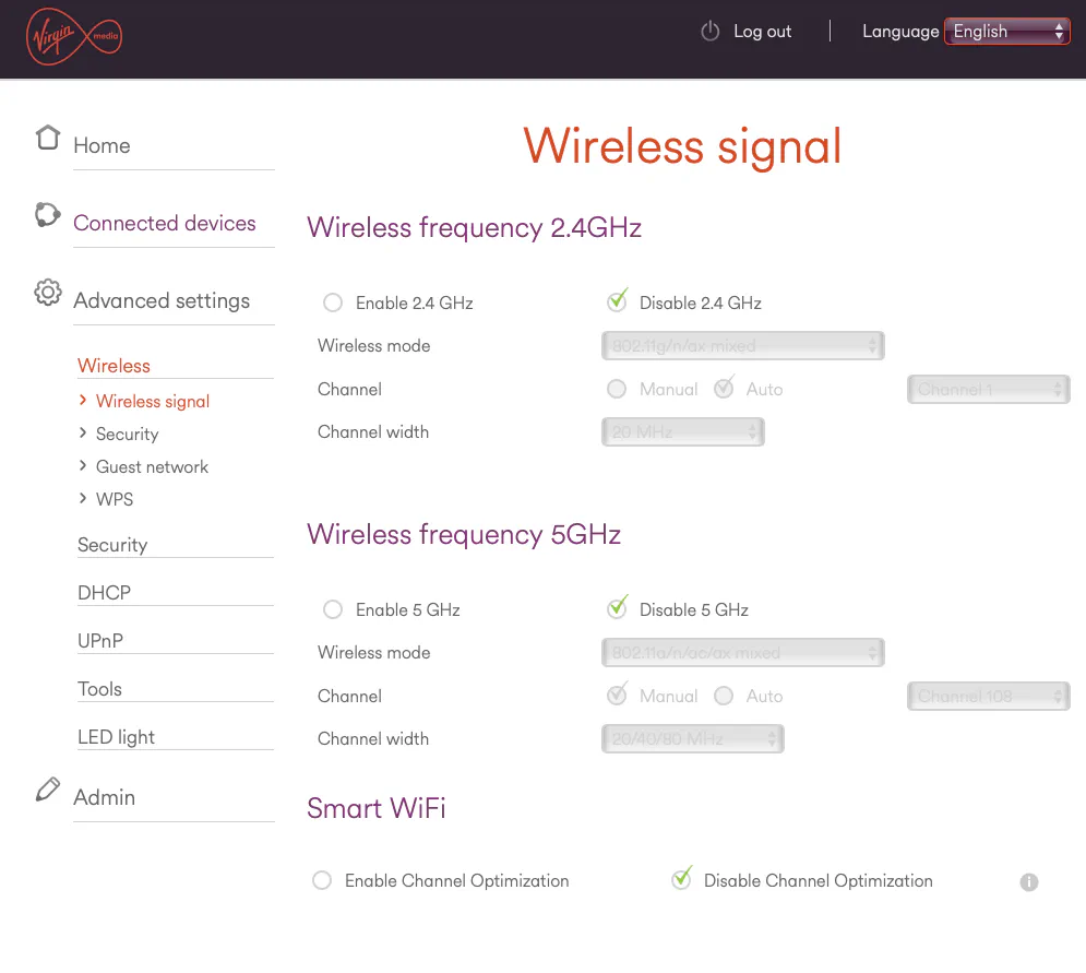 Hub 5x Wireless signal page with both the 2.4 GHz and 5 GHz radios disabled, and Smart WiFi channel optimization disabled